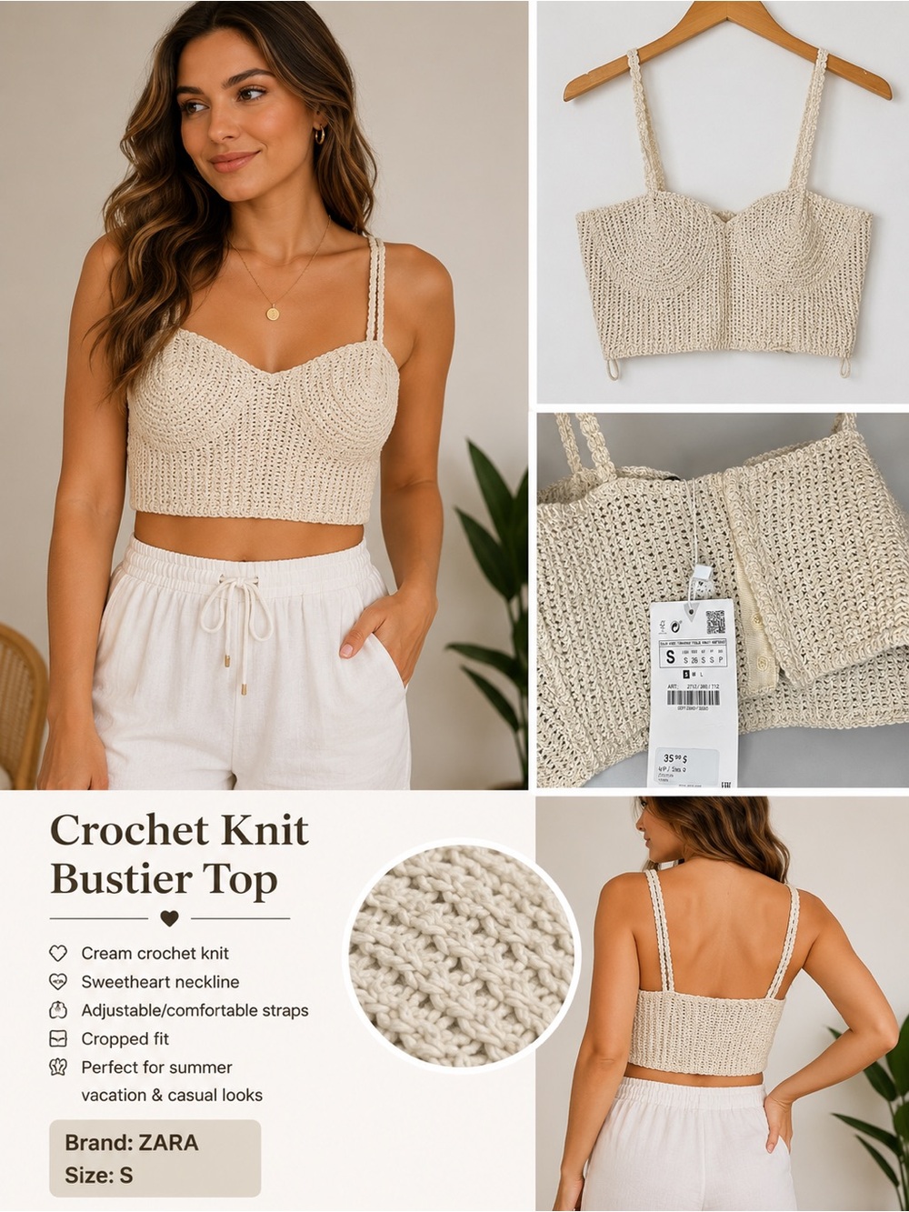 ZARA Cream Crochet Bustier Crop Top